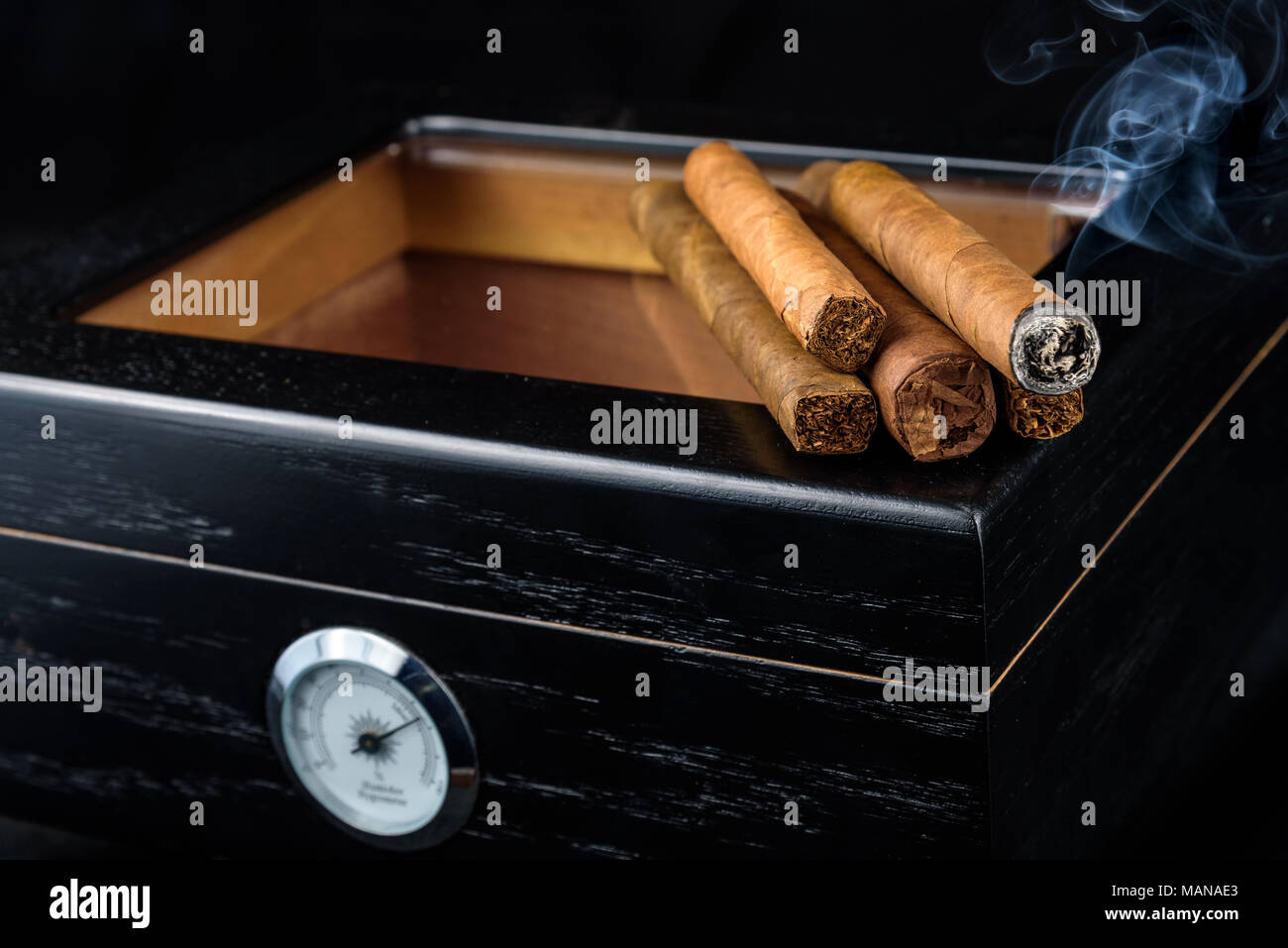 Un mucchio di sigari di fresco con un singolo sigaro acceso e il fumo al di sopra di un nero humidor. Sfondo nero Foto Stock