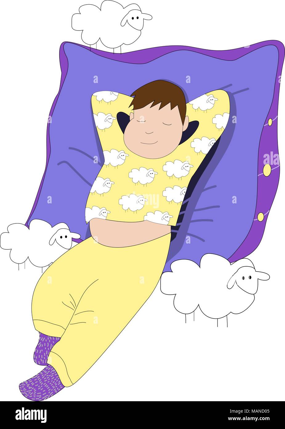 Little Boy dormire in un grande cuscino circondato da pecore. Illustrazione Vettoriale