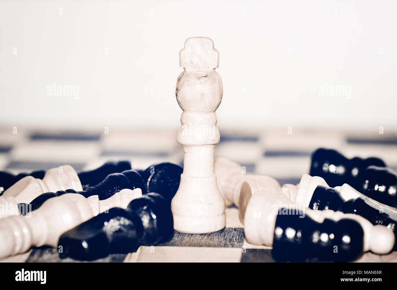 La regina bianca pezzo degli scacchi circondato dalla caduta di pezzi di scacchi. Foto Stock