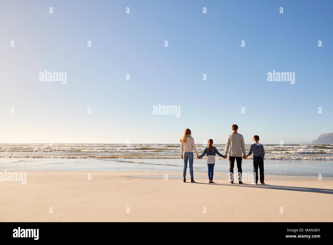 Vista posteriore della famiglia sulla spiaggia invernale tenendo le mani guardando il mare Foto Stock