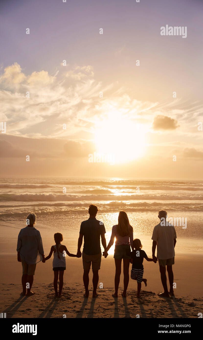 Vista posteriore del Multi generazione Famiglia stagliano sulla spiaggia Foto Stock