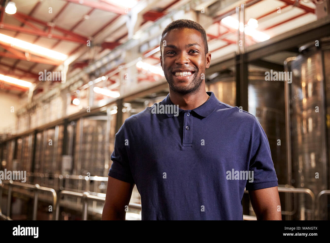 Ritratto di un giovane uomo nero che lavora in una fabbrica del vino Foto Stock