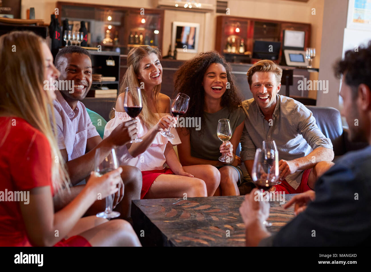 Sei giovani amici adulti bevendo vino in un bar Foto Stock