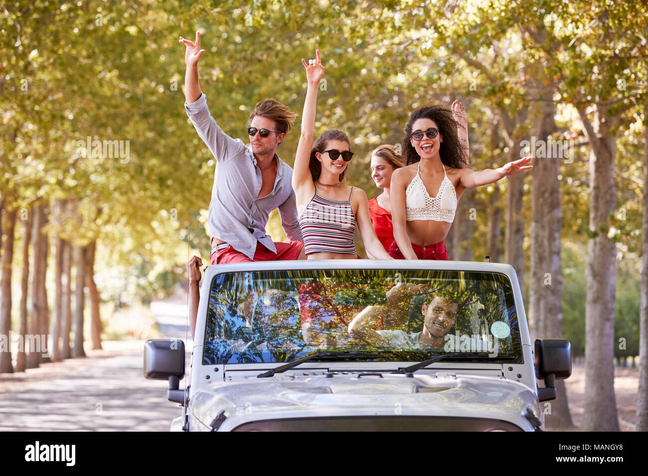 Amici divertendosi in piedi nel retro di un open top car Foto Stock