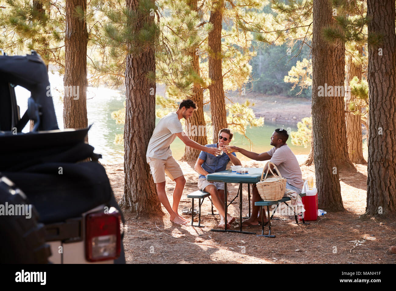 Tre amici maschi fare un brindisi a un tavolo da picnic da un lago Foto Stock