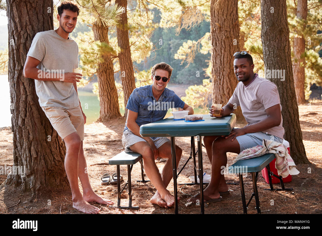 Tre amici maschio ad un tavolo in un lago di sorridere alla telecamera, close up Foto Stock