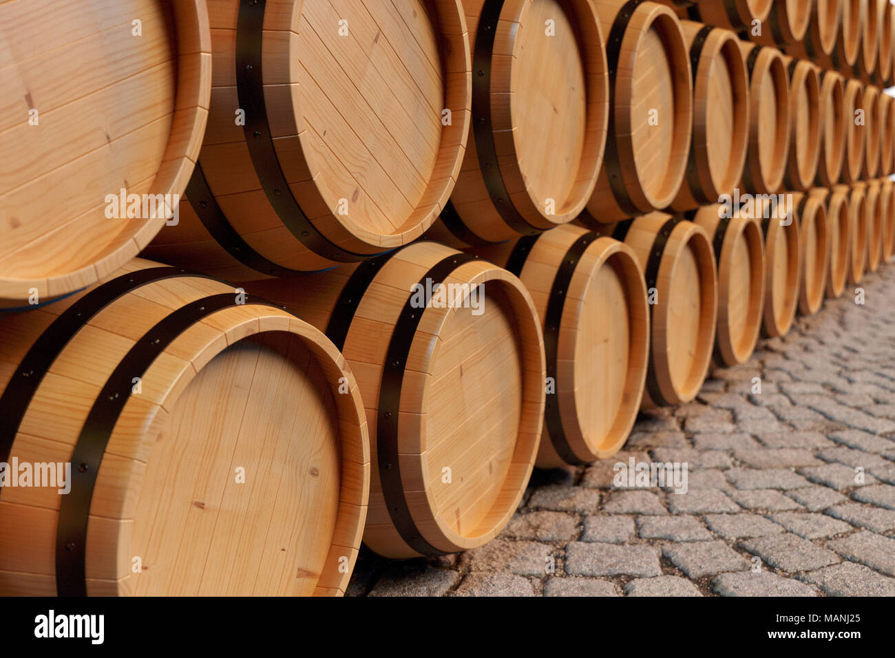 3D lo sfondo dell'illustrazione in botti di legno del vino. La bevanda alcolica in botti di legno, quali vino, cognac, rum e brandy. Foto Stock