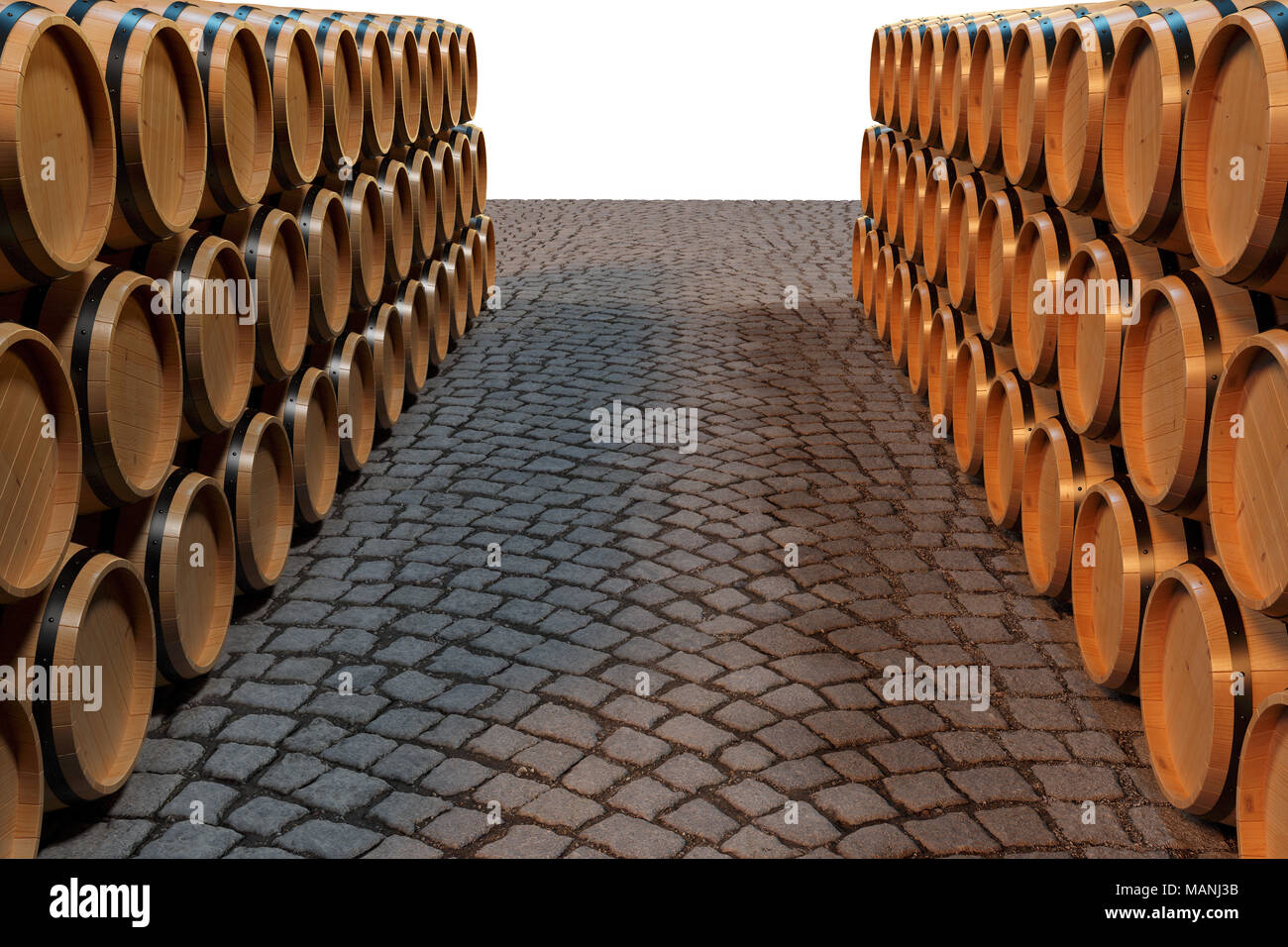 3D lo sfondo dell'illustrazione in botti di legno del vino. La bevanda alcolica in botti di legno, quali vino, cognac, rum e brandy. Foto Stock