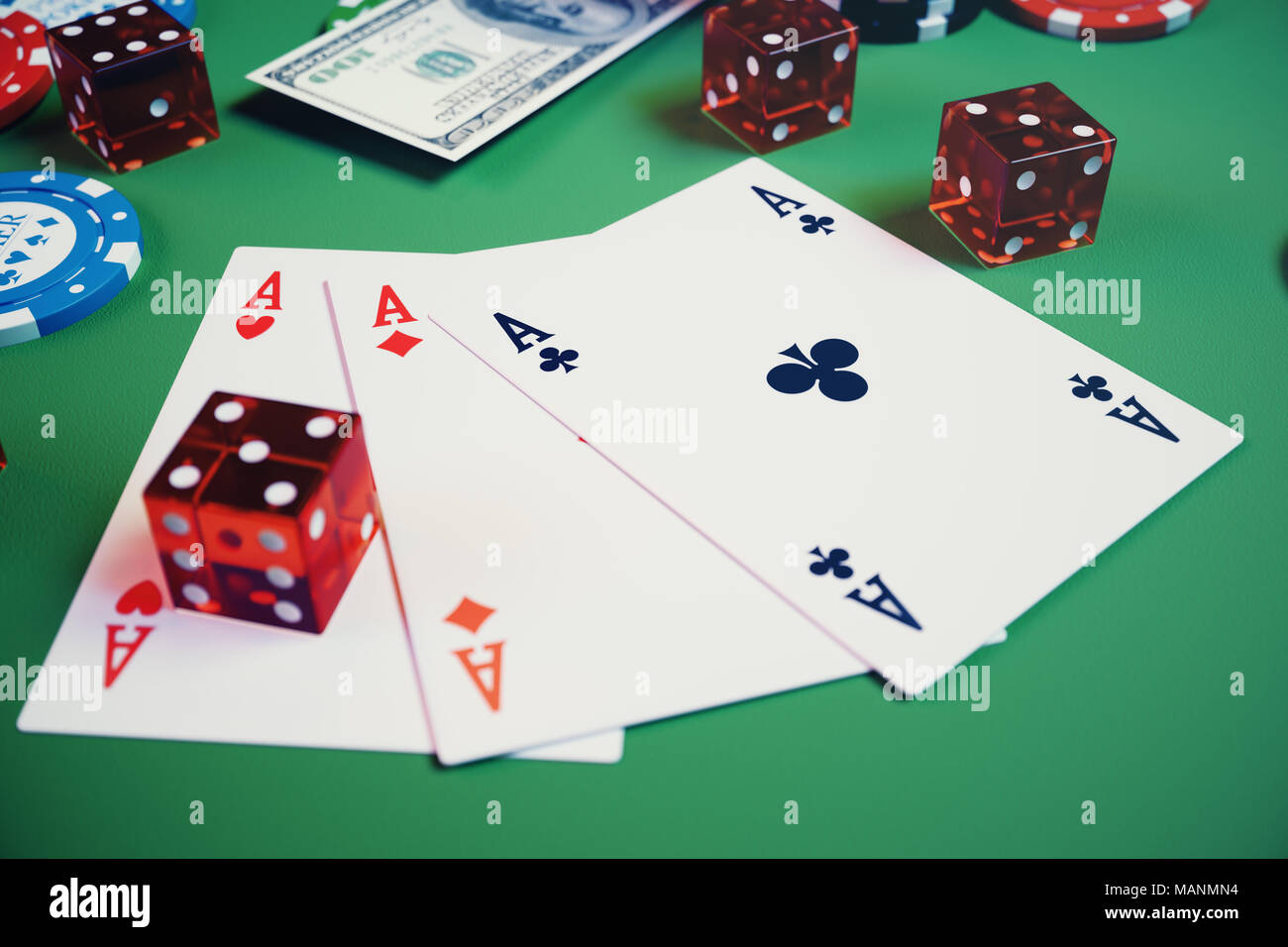 3D illustrazione gioco di casino'. Chip, carte da gioco per il poker. Poker  chips, dadi rossi e denaro sul tavolo verde. Online casino concetto Foto  stock - Alamy