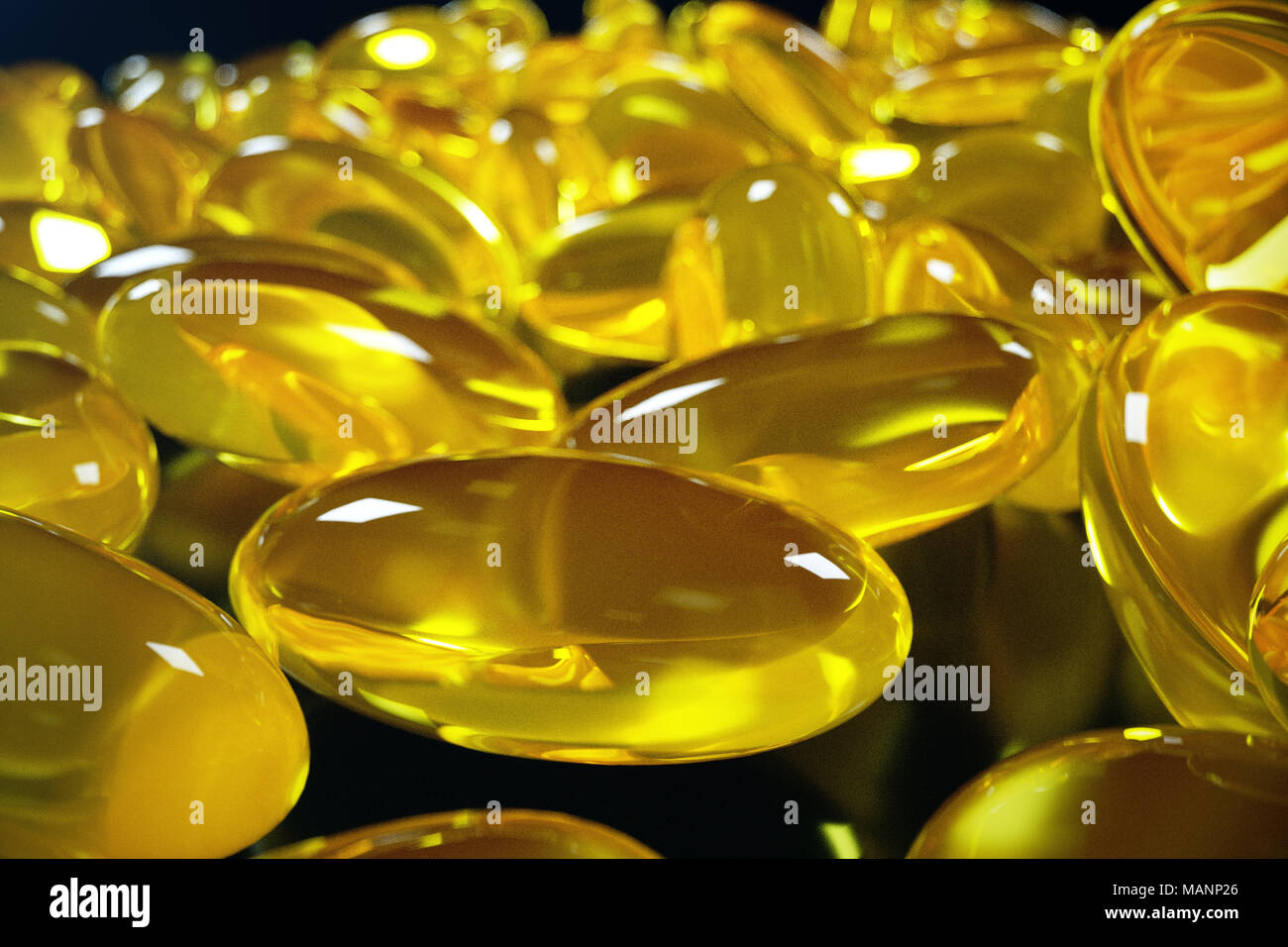 Il rendering 3D'olio di pesce. Omega 3, omega 6 e omega 9, vitamina D. pila di capsule di Omega 3 su sfondo nero, di fegato di merluzzo Foto Stock