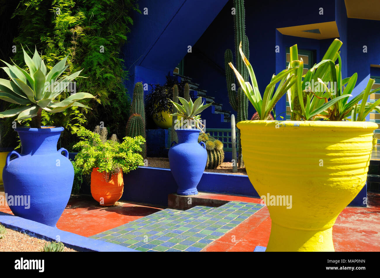 Il blu e il giallo il contrasto trovata nel Giardino Majorelle. Marrakech, Marocco Foto Stock