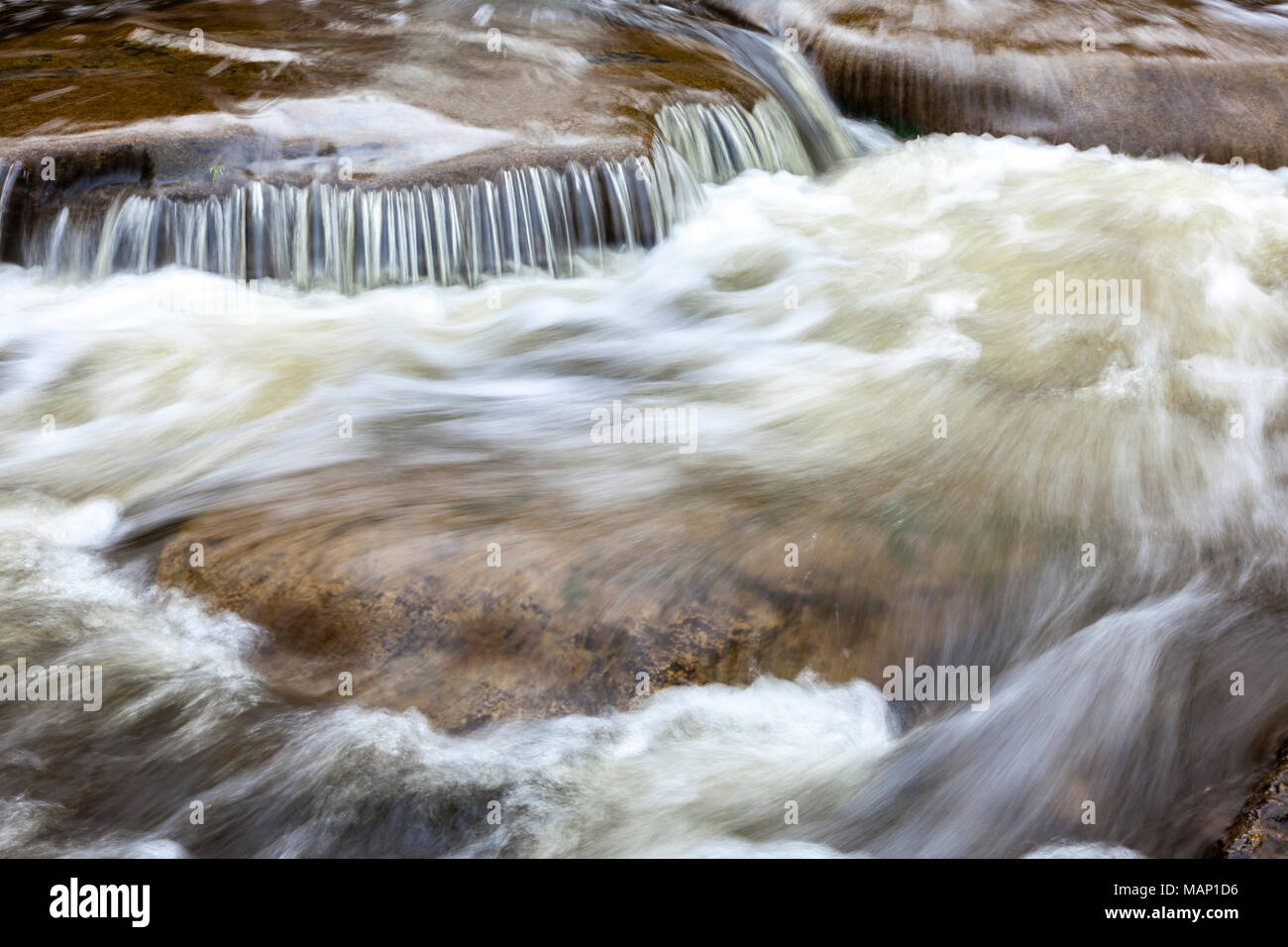 Primo piano di acqua che scorre sulle rocce in un torrente. Foto Stock