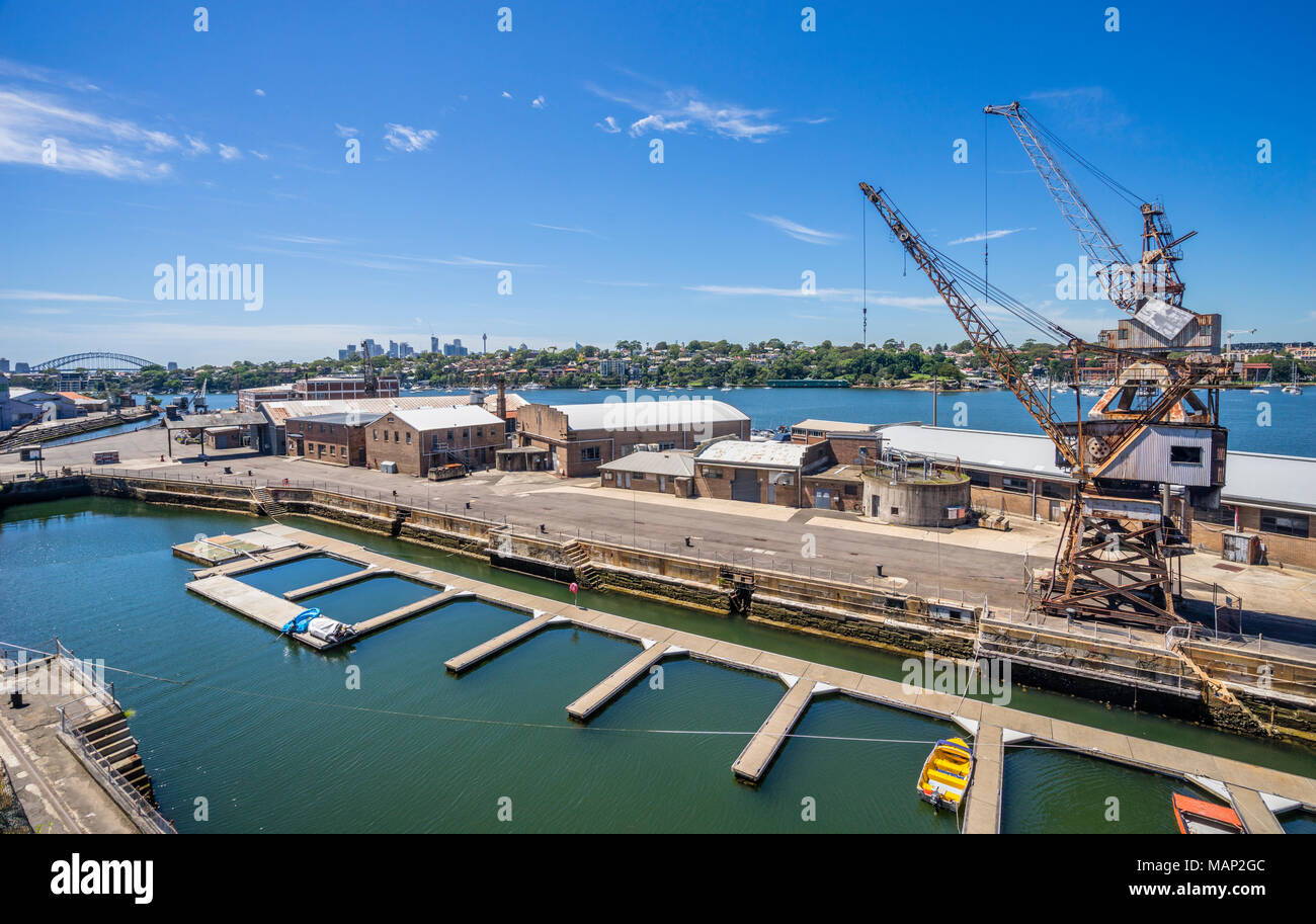 Vista di Sutherland Dock, la Cockatoo Island cantiere heritage site, Porto di Sydney, Nuovo Galles del Sud, Australia Foto Stock