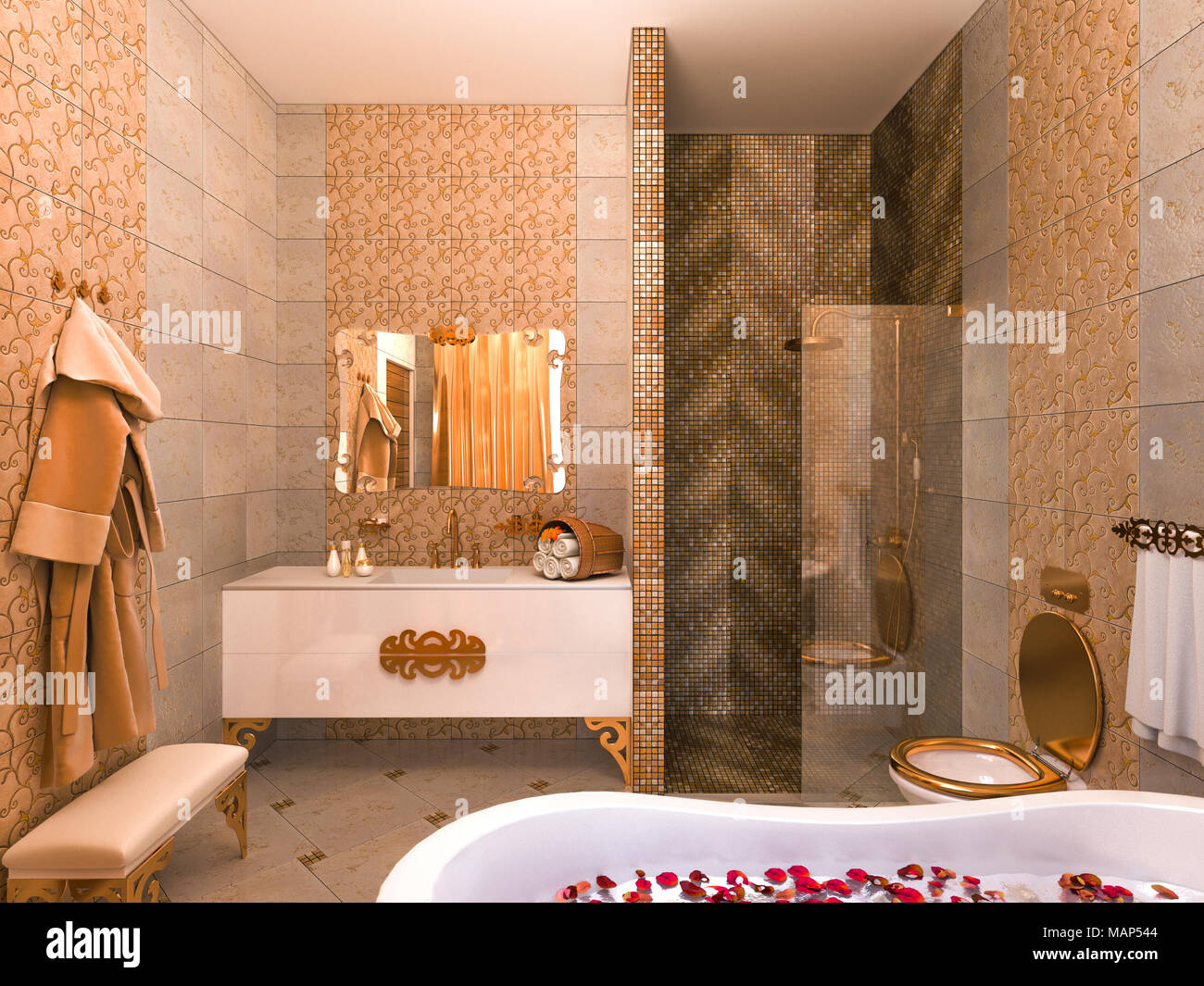 3d illustrazione di un interior design di un bagno in stile classico. Rendere freestanding vasca da bagno e doccia Foto Stock
