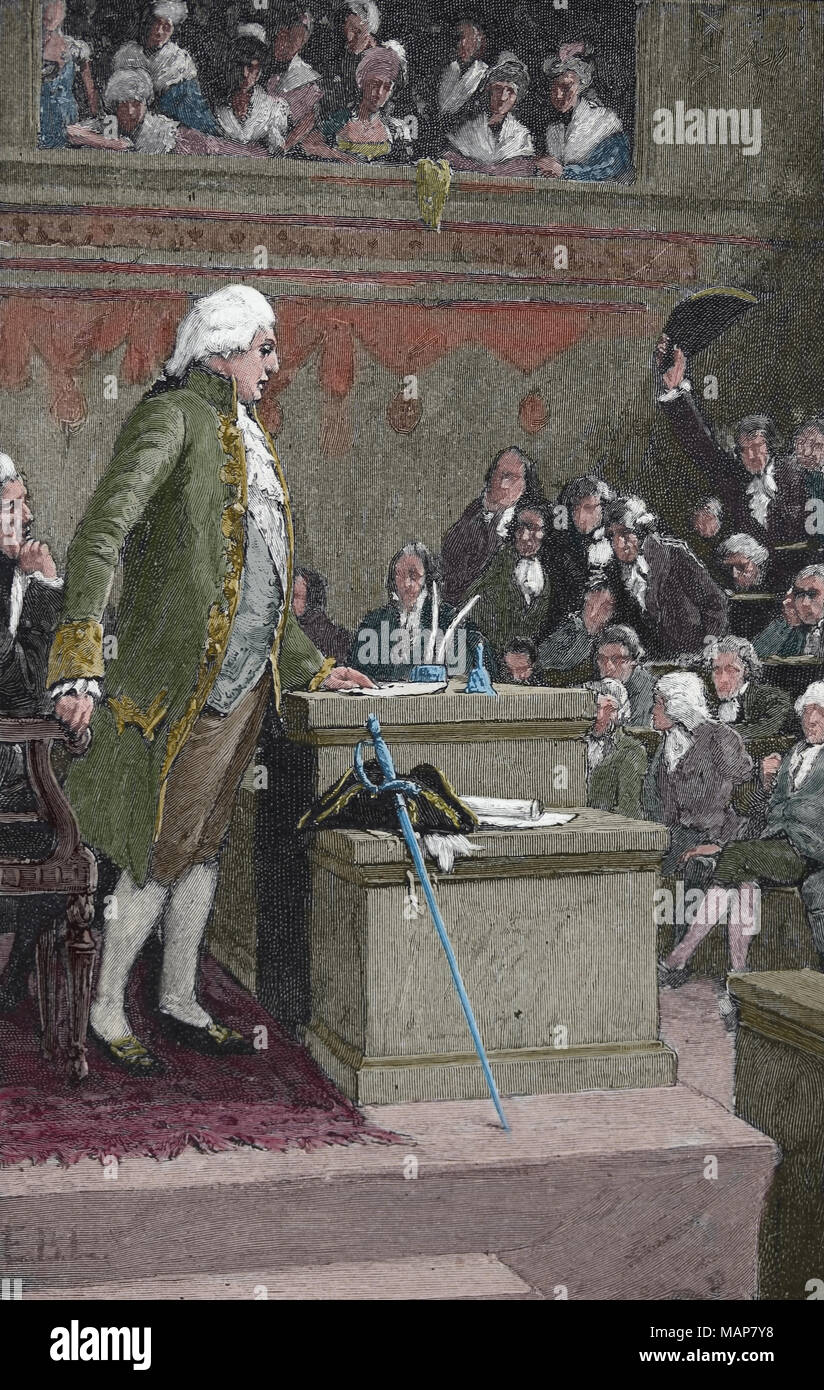 La Francia dichiara guerra all'Austria, primavera del 1792. Louis XVI sanzioni la dichiarazione di guerra nell'assemblea legislativa. Foto Stock