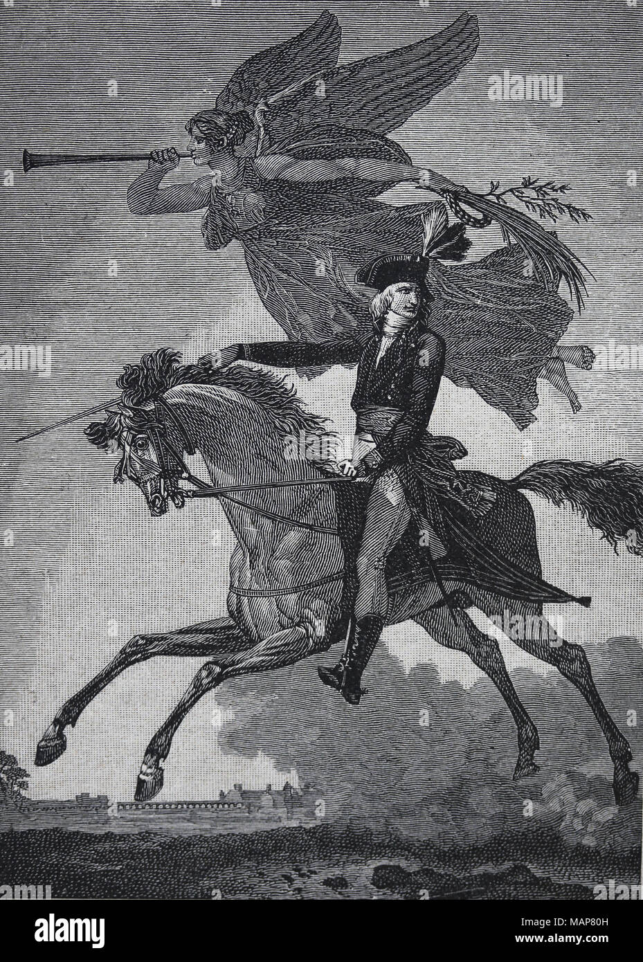 General Bonaparte (1769-1821) in esecuzione alla gloria. Incisione del XIX secolo. Di un time stamp della directory. Foto Stock