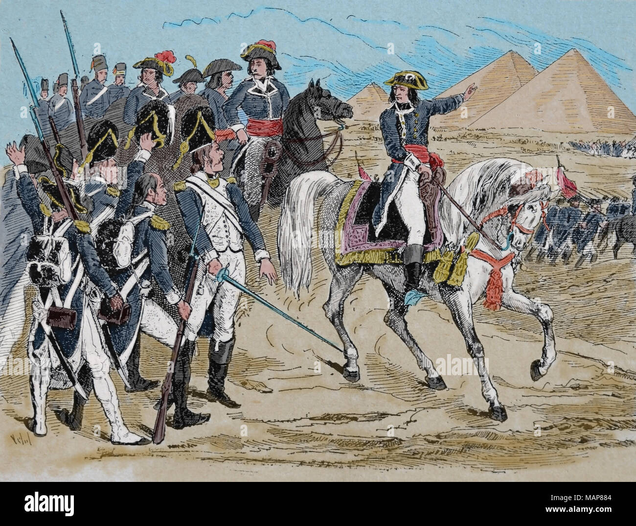La battaglia delle Piramidi. Luglio 21 ,1798 durante l invasione francese sull'Egitto. Rivoluzione francese guerre. 'Napoleone con le sue truppe". Foto Stock