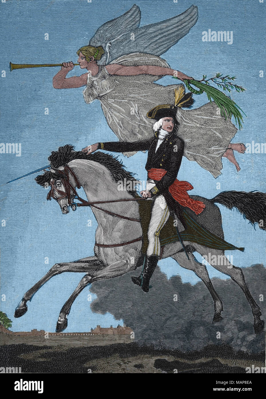 General Bonaparte (1769-1821) in esecuzione alla gloria. Incisione del XIX secolo. Di un time stamp della directory. Foto Stock