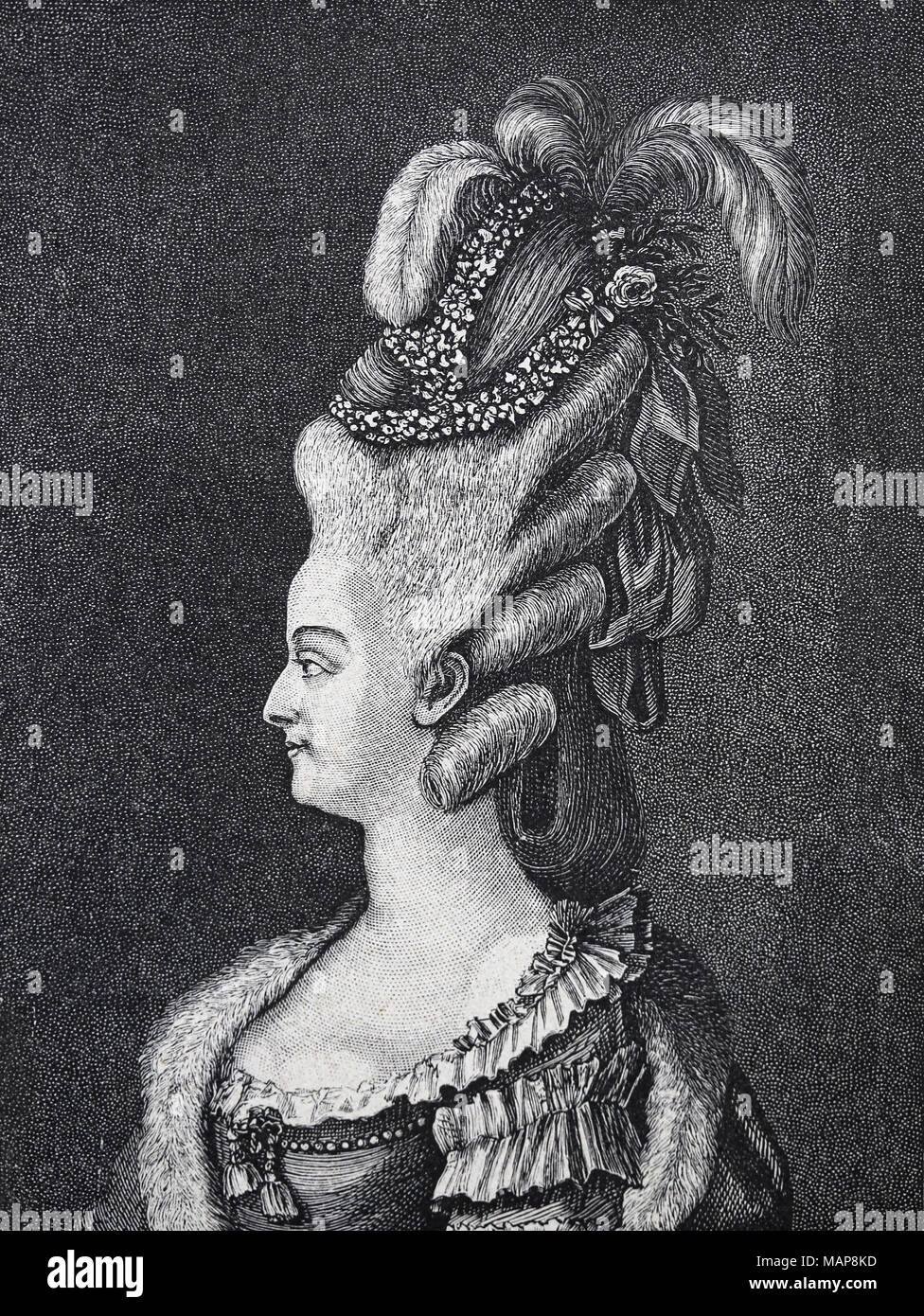 Maria Antonietta (1755-1793). Regina consorte di Francia. Moglie di Luigi XVI. Incisione del XIX secolo. Ritratto. Foto Stock
