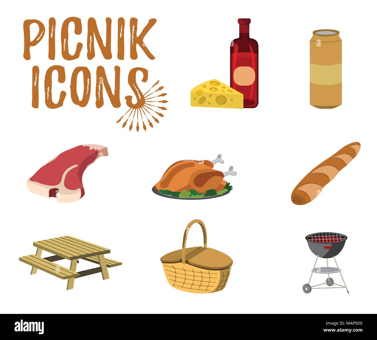 Set di icona di picnic. Etichetta di BBQ su sfondo bianco. In stile cartone animato. Illustrazione Vettoriale. Illustrazione Vettoriale