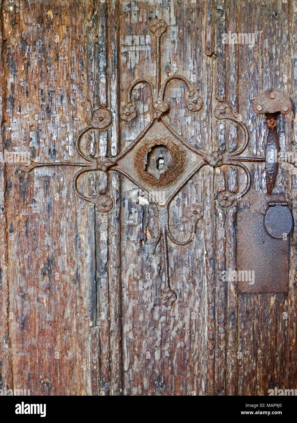 Medievale porta in legno decorativo con la piastra del ferro presso la chiesa di San Michele a Irstead, Norfolk, Inghilterra, Regno Unito, Europa. Foto Stock