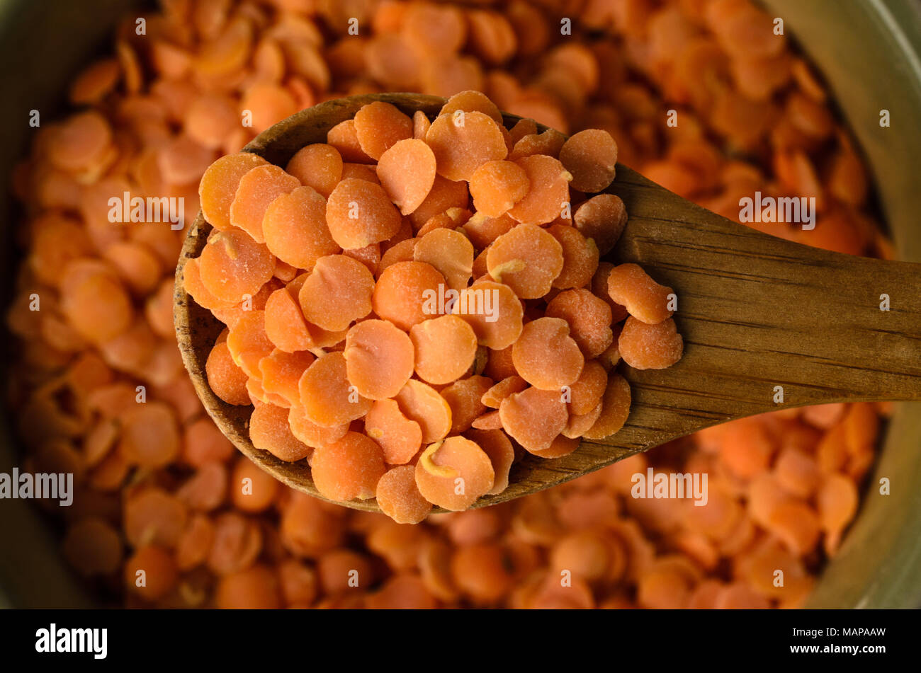 Tettuccio di close up (macro) di un cucchiaio di legno riempita di lenticchie rosse e sollevata verso il visualizzatore. Recipiente pieno in soft focus sfondo inferiore. Foto Stock