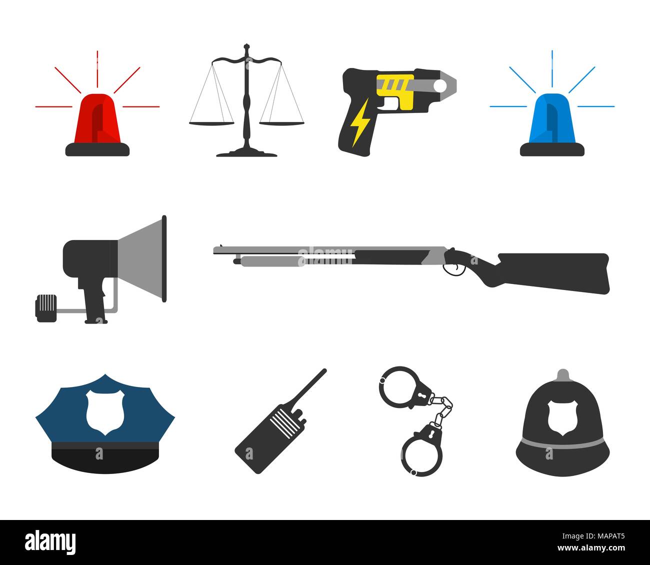 Set di elementi della polizia le icone delle apparecchiature. Proteggere e servire etichetta. Illustrazione Vettoriale. Illustrazione Vettoriale