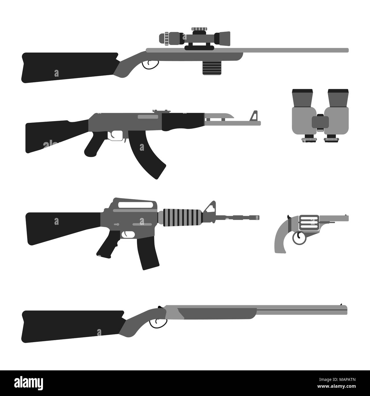 Armi Moderne set. Uno stile piatto attrezzatura. Isolato armi e utensili. Illustrazione Vettoriale. Illustrazione Vettoriale