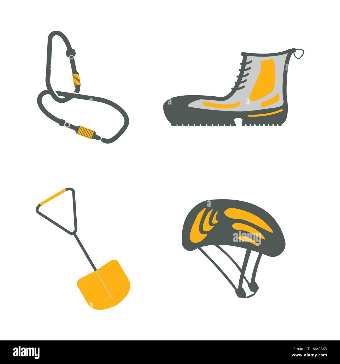 Carabina, scarponcini da trekking, pala, casco icone piana. Turismo attrezzatura. Viaggio elementi web. Illustrazione Vettoriale. Illustrazione Vettoriale