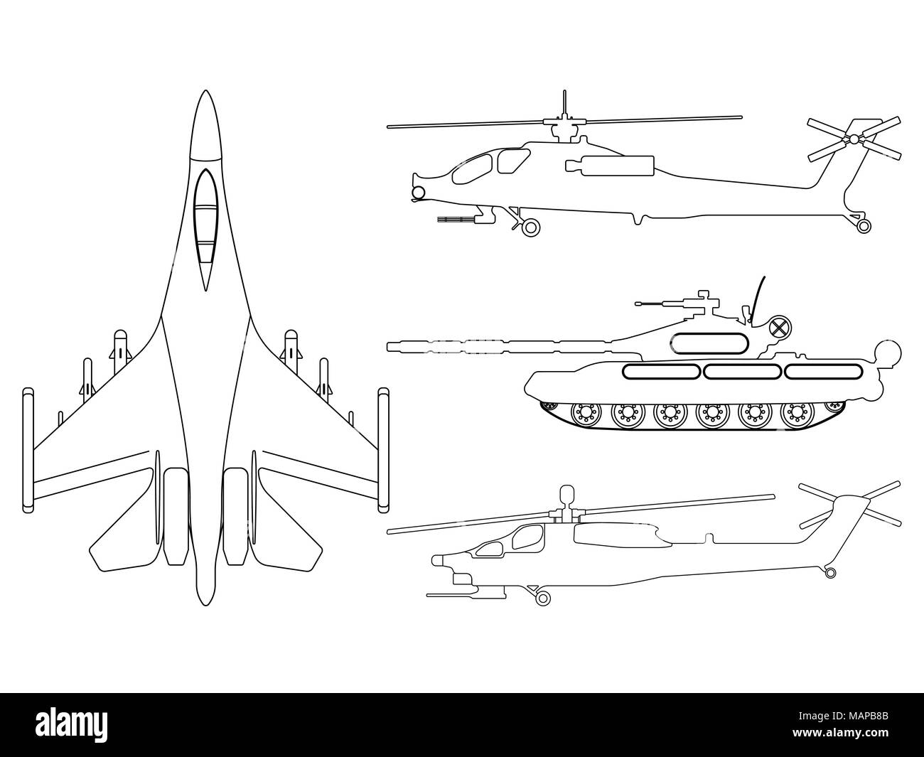 Aerei da combattimento, serbatoio, elicottero contorno. Attrezzature militari icona set. Illustrazione Vettoriale. Illustrazione Vettoriale