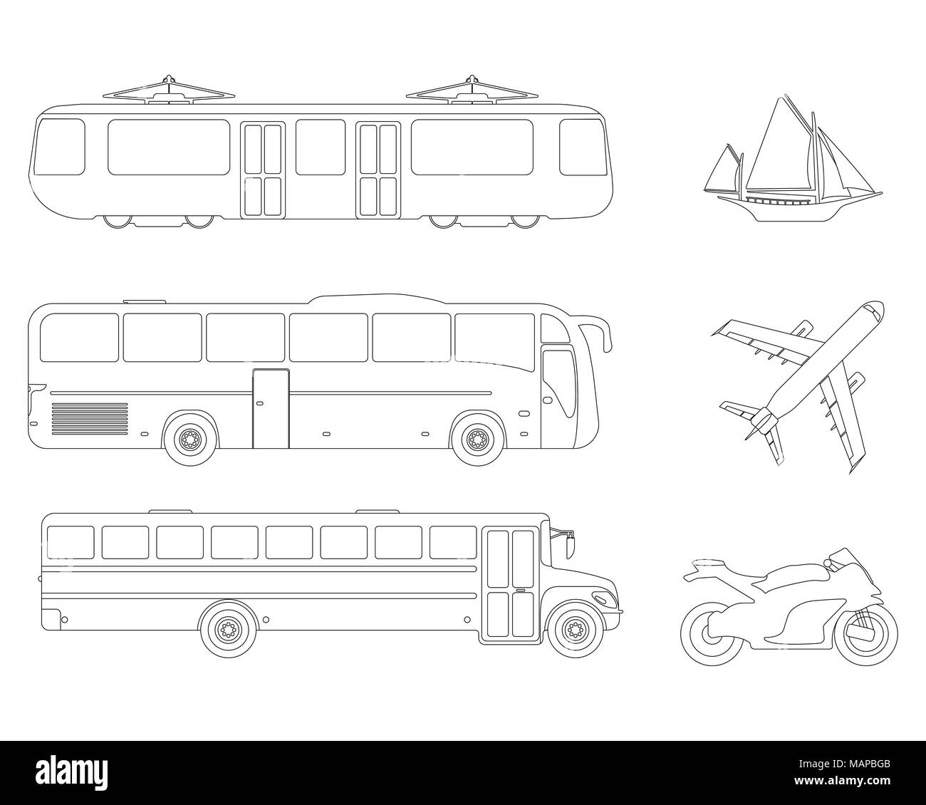 Serie di piani di trasporto urbano e la relativa icona. Profilo illustrazione vettoriale. Illustrazione Vettoriale