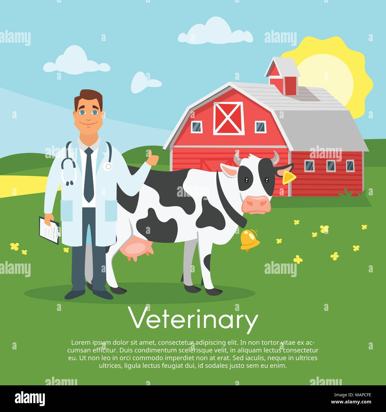 Vettore stile fumetto illustrazione di felice veterinario di carattere medico con la fattoria animale - mucca. Fattoria - granaio rosso sul paesaggio rurale a sunny Illustrazione Vettoriale