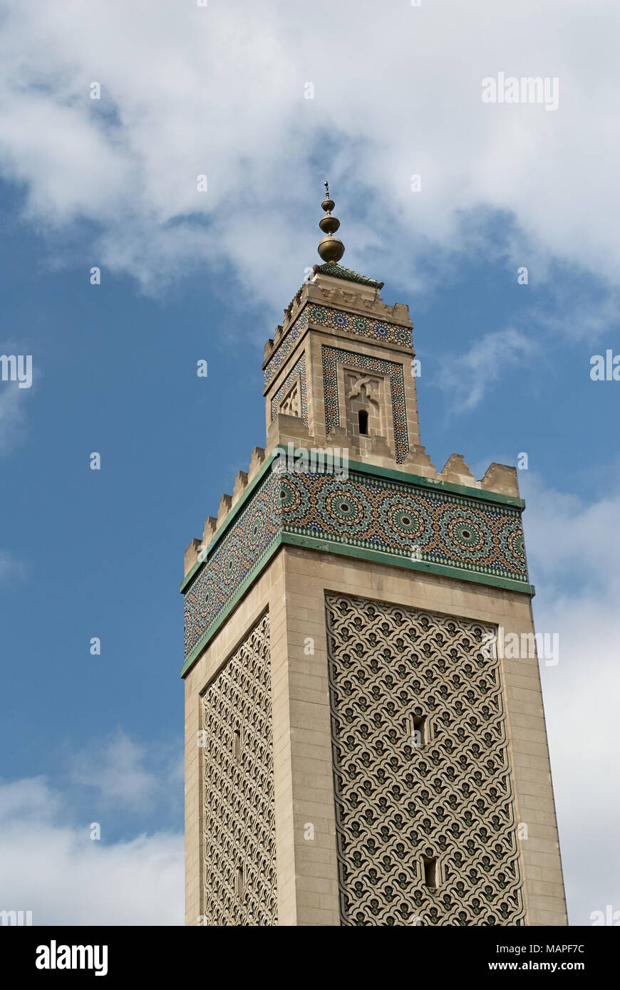 Minareto, Grande moschea di Parigi, Francia Foto Stock