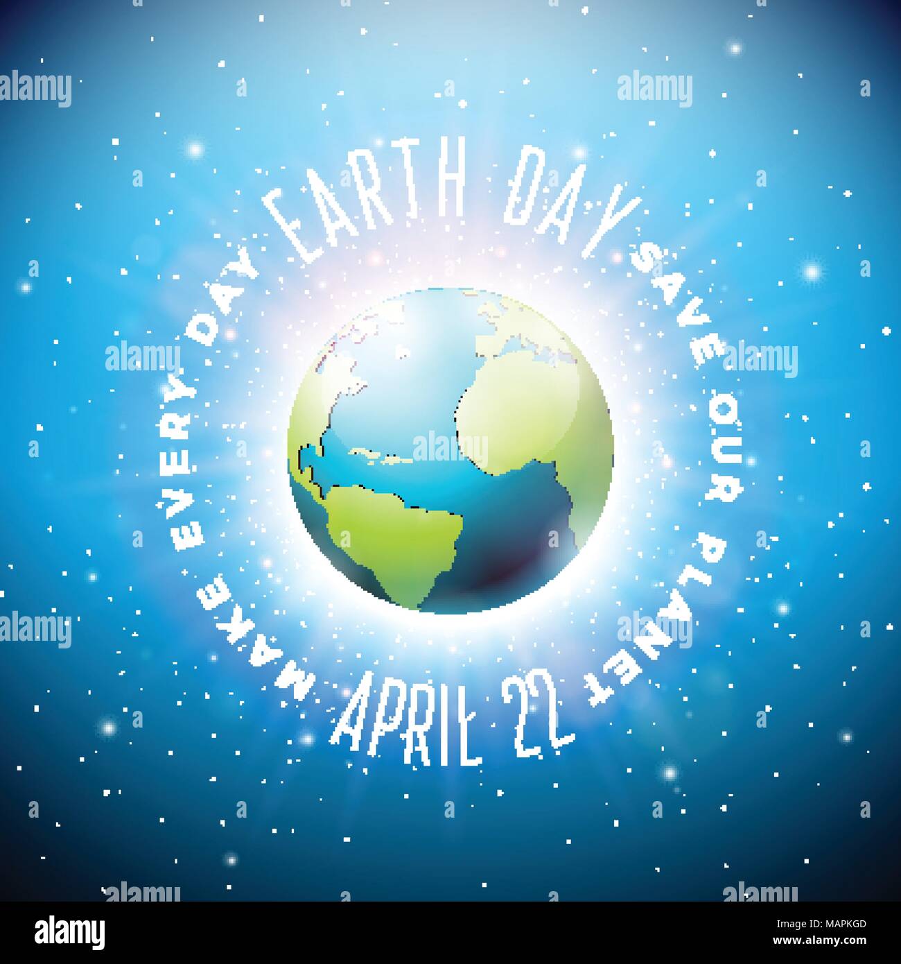 La giornata della terra illustrazione con planet e scritte. Mappa mondo sfondo su 22 aprile del concetto di ambiente. Il design del vettore per banner, poster o un biglietto di auguri. Illustrazione Vettoriale
