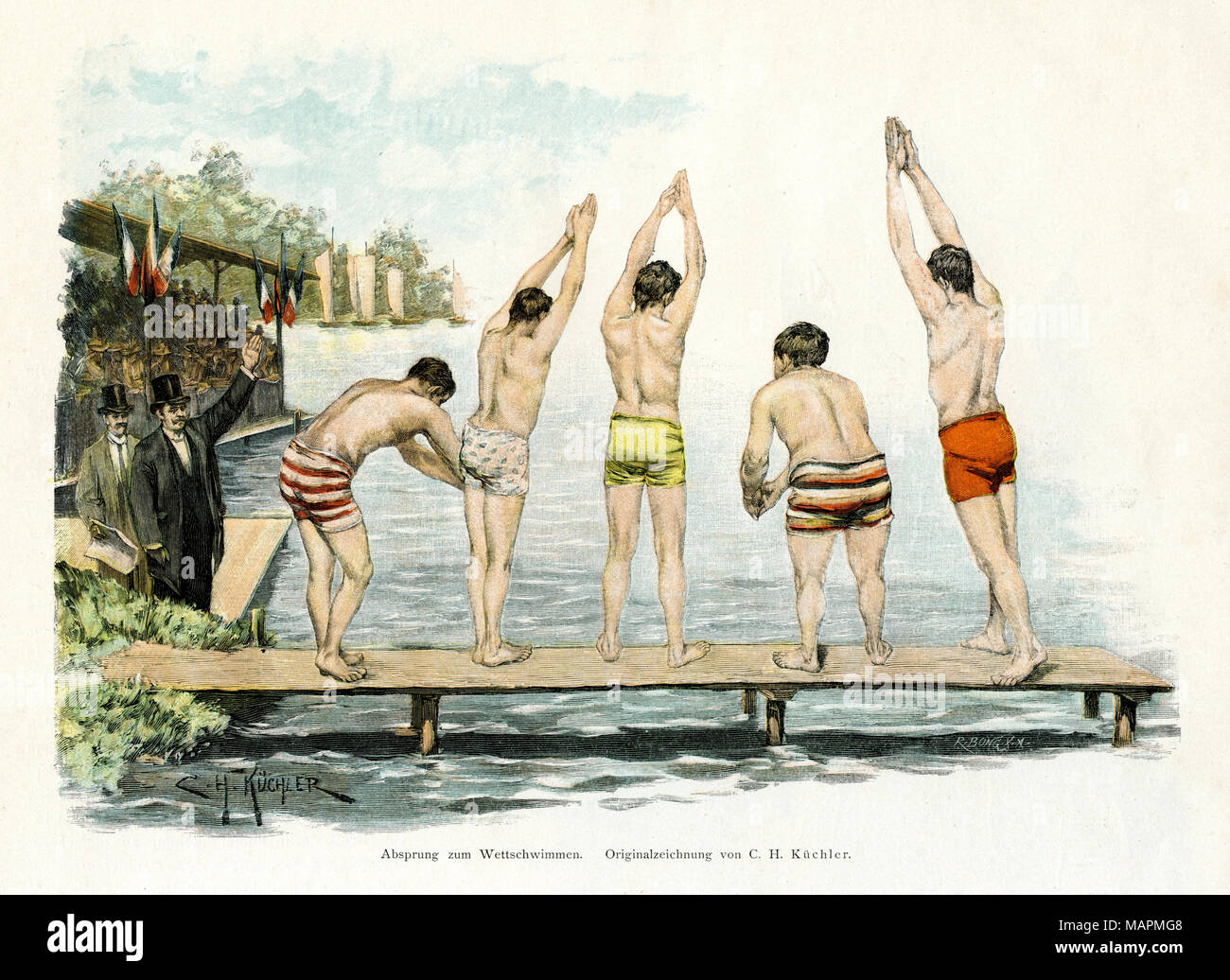 Cinque giovani uomini dell'inizio di una gara di nuoto Foto Stock