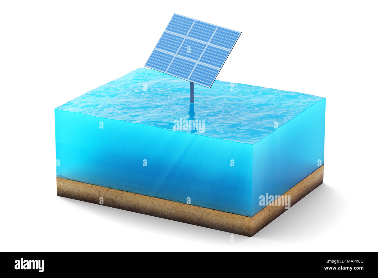 3D rendering della sezione trasversale del cubo acqua isolati su sfondo bianco. Blu pannello solare in mare la produzione di energia pulita Foto Stock