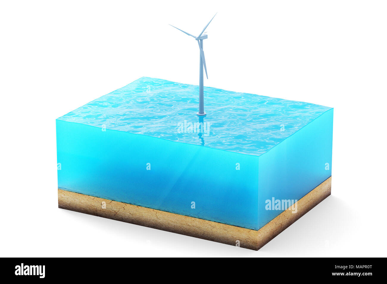 3D rendering della sezione trasversale del cubo acqua isolati su sfondo bianco. Turbina eolica per il mare la produzione di energia pulita Foto Stock