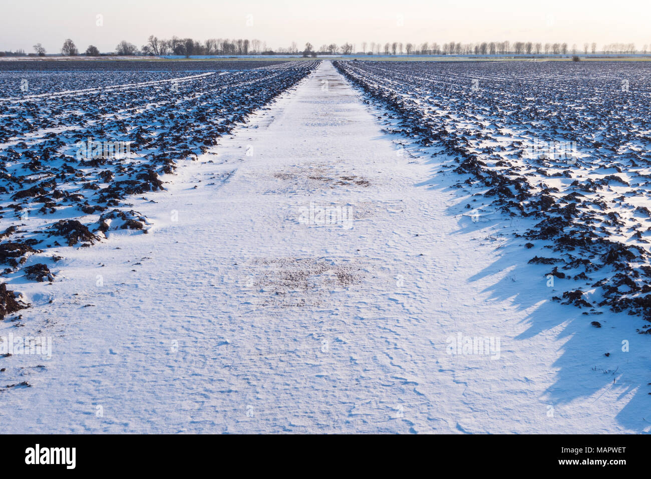 Visualizza in basso una vecchia fattoria in calcestruzzo su strada attraverso campi fenland nella neve, Cambridgeshire, Inghilterra Foto Stock
