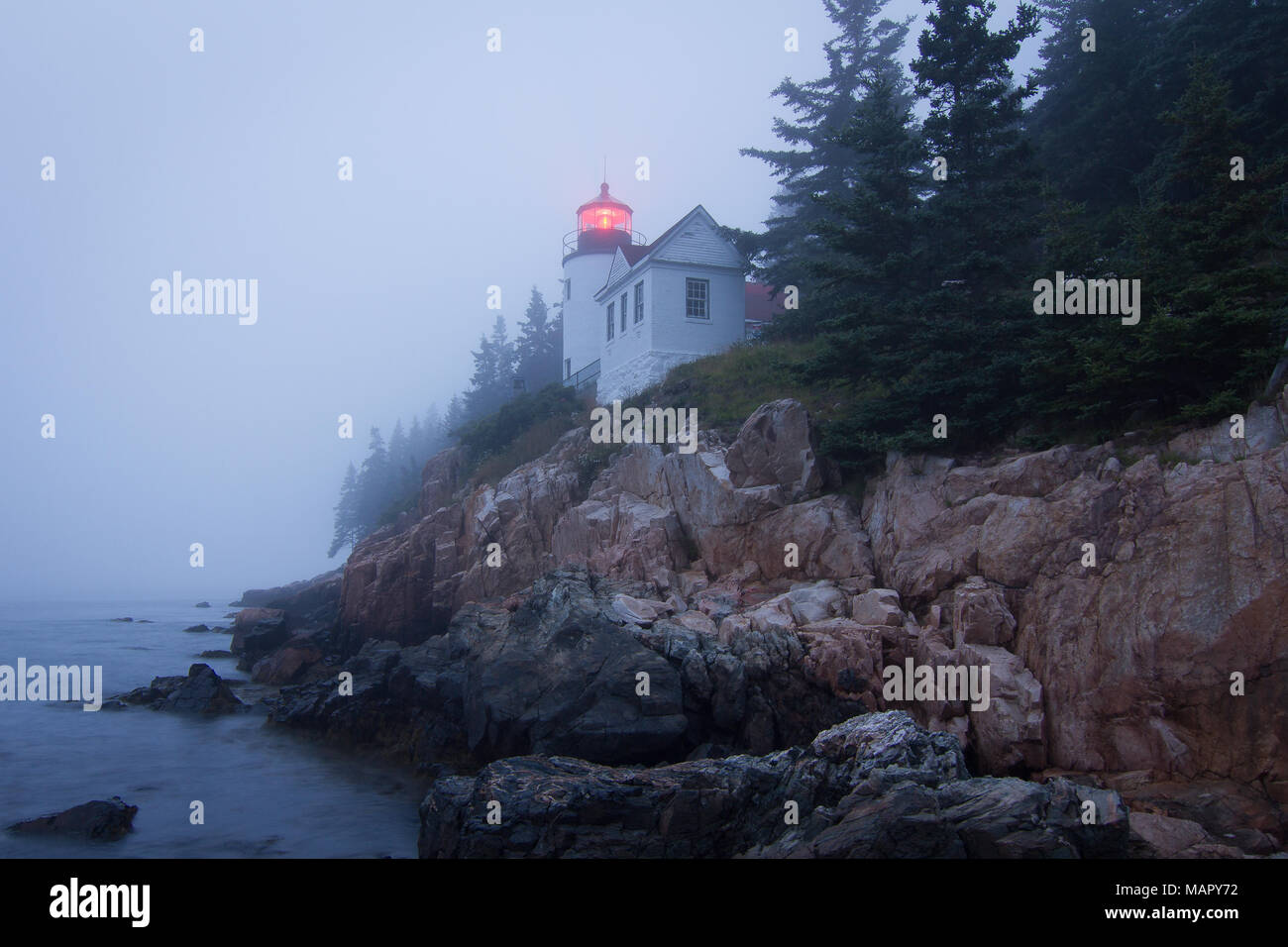 Porto basso luce di testa nella nebbia mattutina Foto Stock