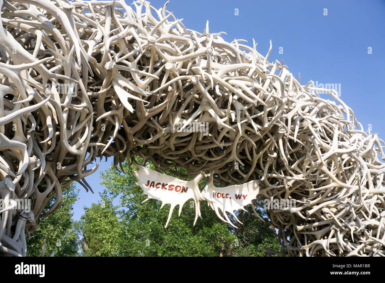 Grande arco fatto di corna di alce, Jackson Hole, Wyoming negli Stati Uniti d'America, America del Nord Foto Stock