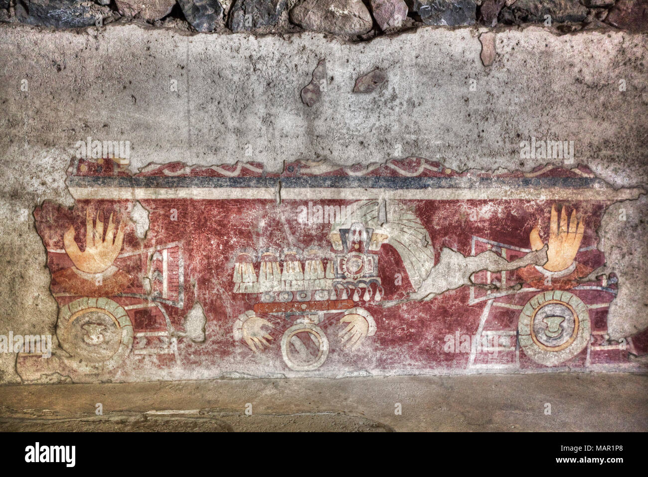 Carta murale della Mani curative, Palazzo di Tetitla, Teotihuacan zona archeologica, Sito Patrimonio Mondiale dell'UNESCO, Stato del Messico, Messico Nord Americ Foto Stock