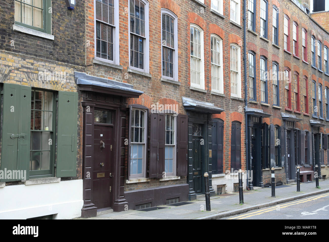 Storico case Huguenot risalenti al XVIII secolo, Spitalfields, East End di Londra, Inghilterra, Regno Unito, Europa Foto Stock