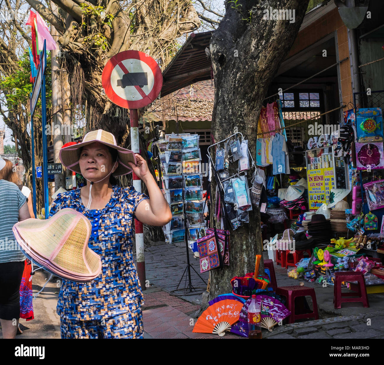 Signora vietnamita vendita di cappello da sole Foto Stock