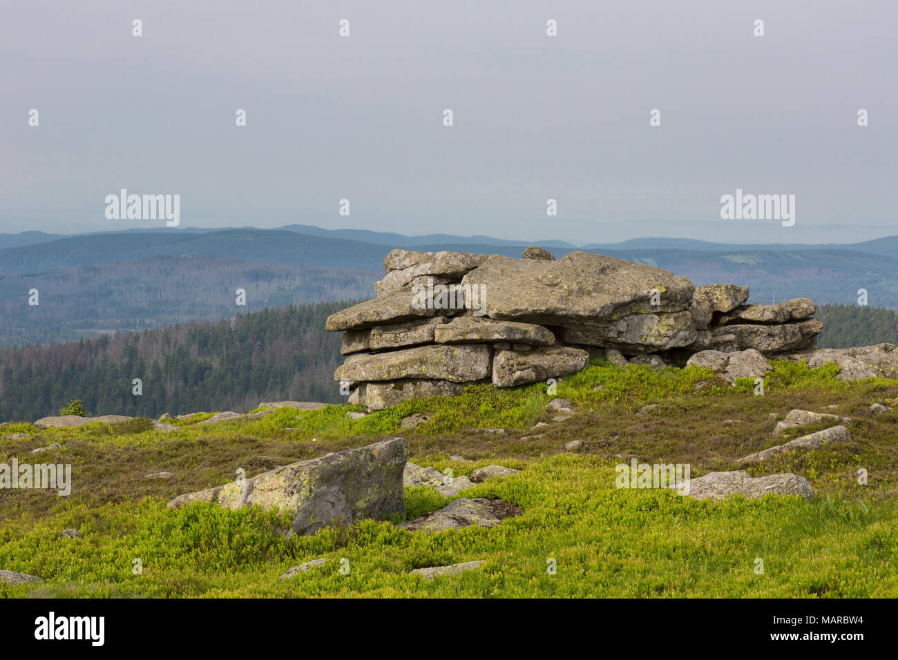 Formazione di roccia sul monte Brocken. Sassonia-anhalt, Germania. Esso è chiamato Hexenaltar, il che significa che le streghe altare Foto Stock