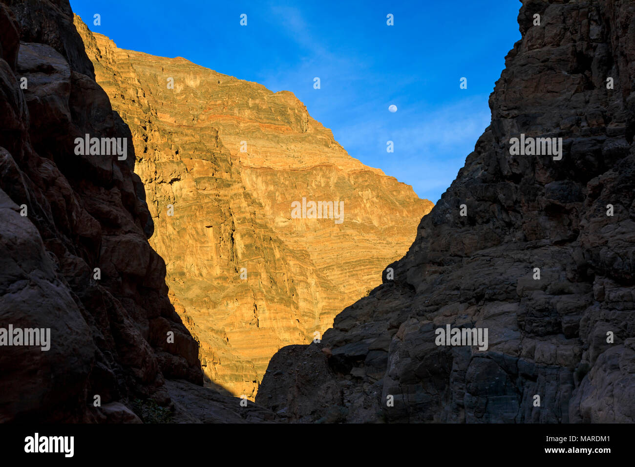 In questa foto la luna sorge sulle spettacolari pareti di montagna di Tito Canyon nel Parco Nazionale della Valle della Morte, California, Stati Uniti d'America. Foto Stock