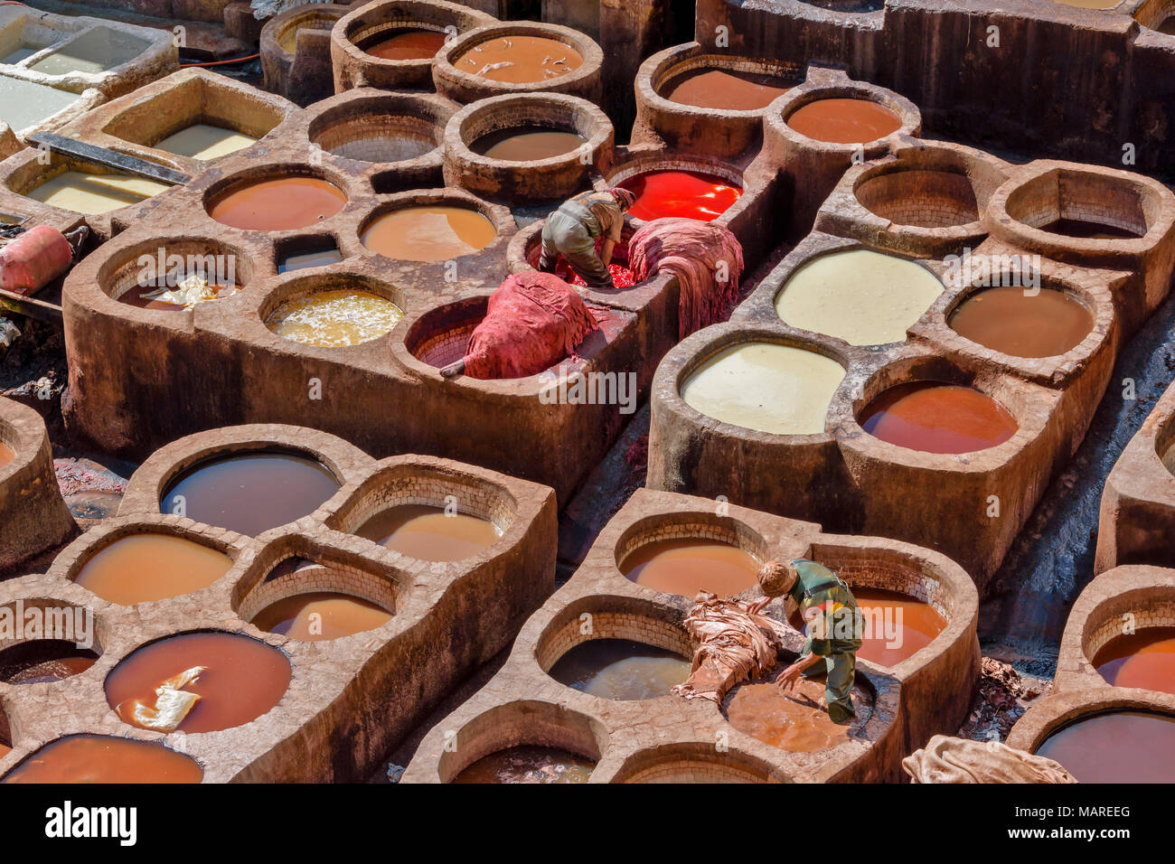 Il Marocco FES MEDINA SOUK CHOUWARA concerie tini con pigmenti colorati e pelli con due lavoratori Foto Stock