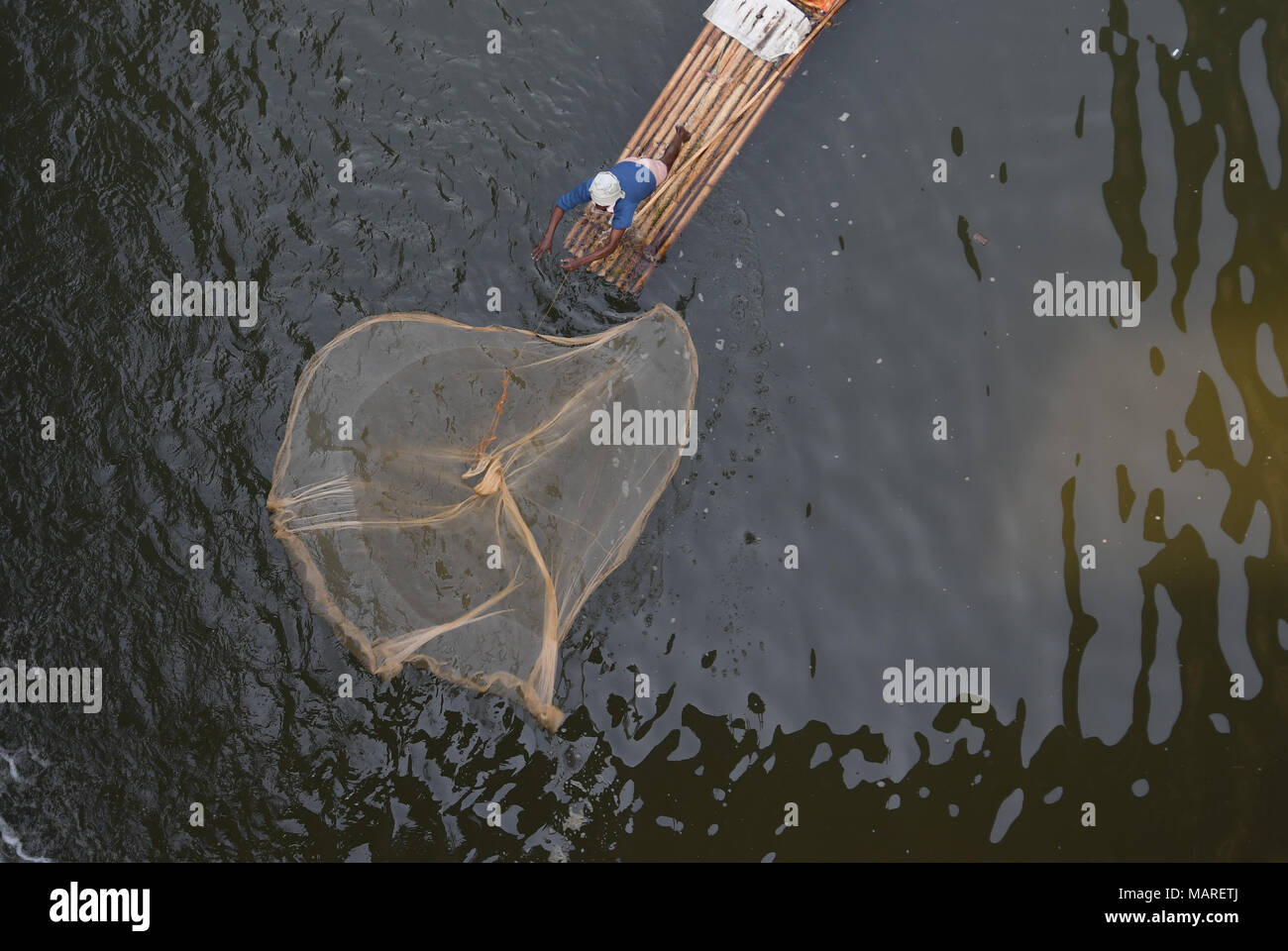 Un pescatore indiano sta gettando net e la cattura di pesce in un fiume nella periferia di Agartala, capitale del nord-est stato di Tripura. Foto Stock