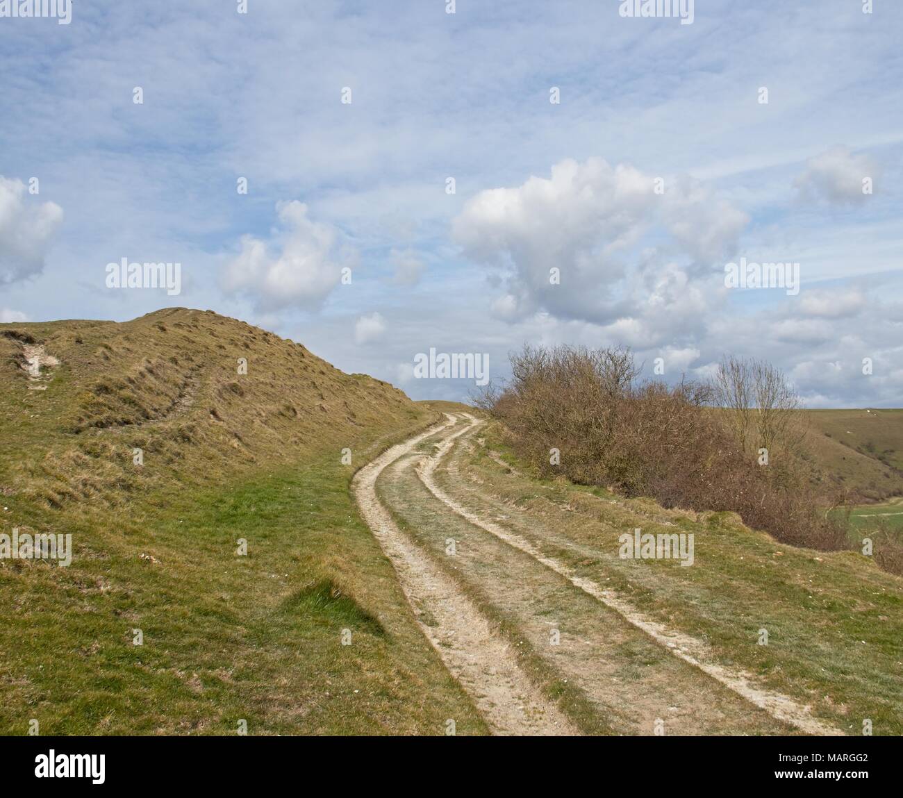 Un inverno di vista lungo un chalk via crescente chalk colline del Deverills nel Wiltshire. Foto Stock