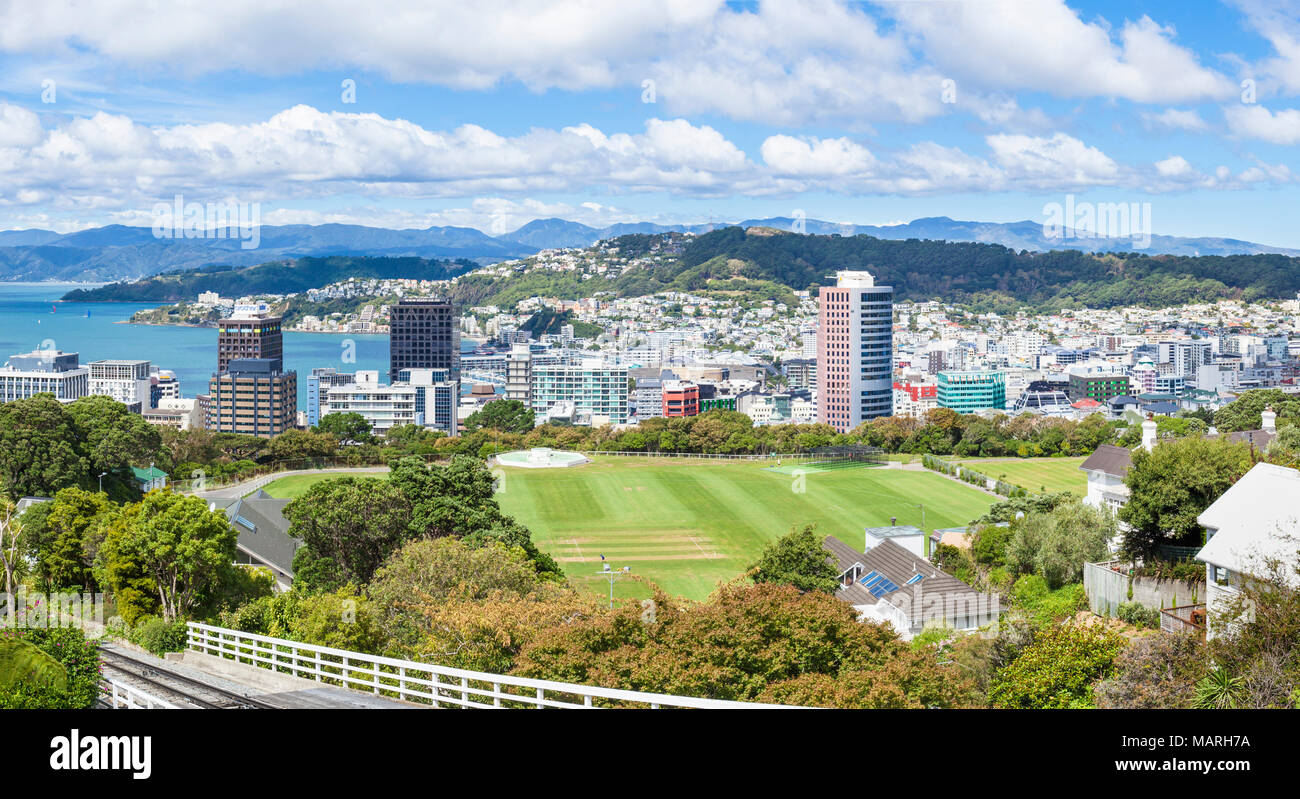 Lo skyline di Wellington e kelburn park e campo da cricket dal Kelburn funivia stazione Wellington Nuova Zelanda Nuova Zelanda Wellington NUOVA ZELANDA nz Foto Stock