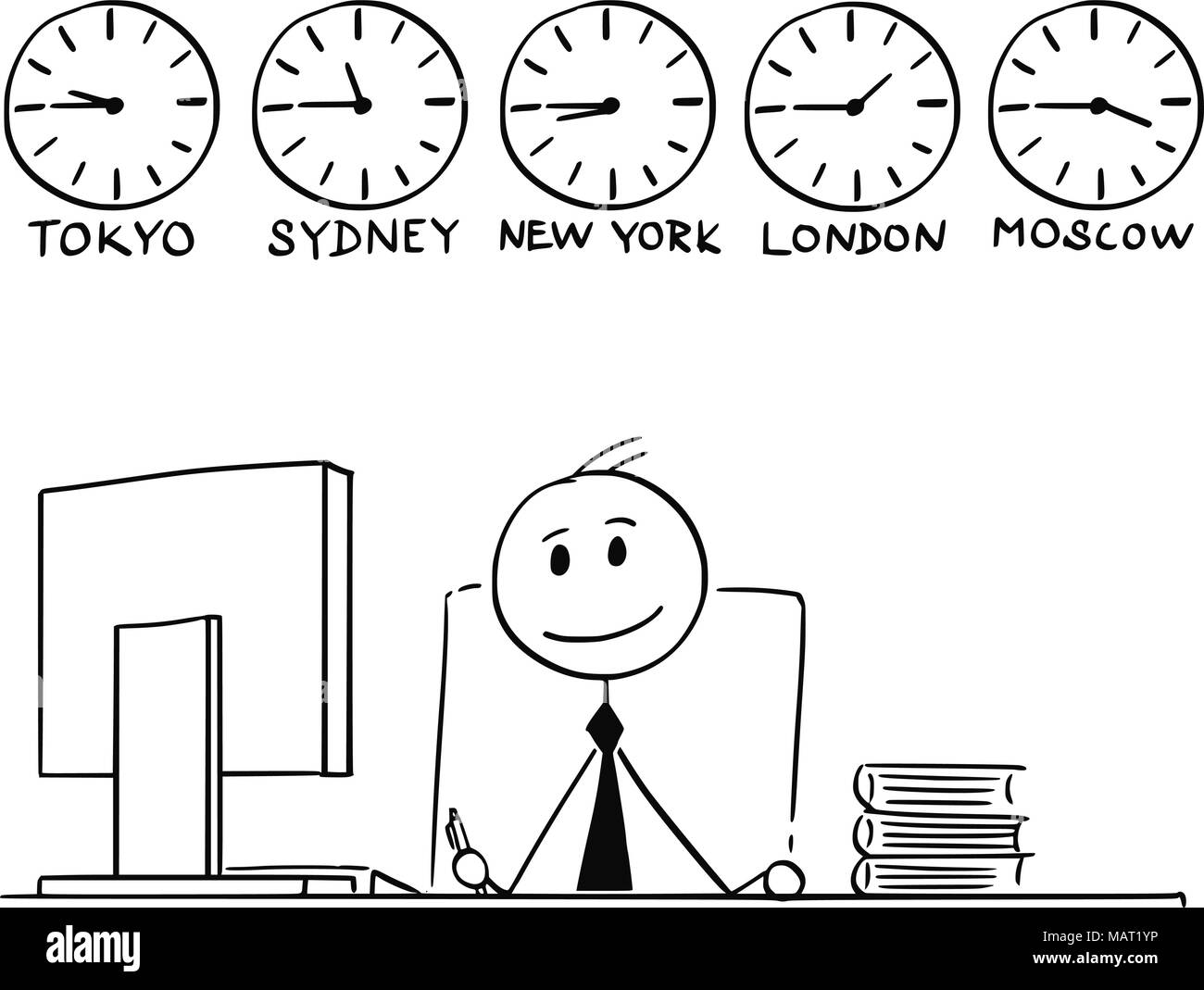 Cartoon di imprenditore lavora in ufficio con tutto il mondo Time Clock dietro Illustrazione Vettoriale